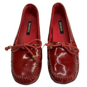Womens DKNY Size 7 Red Patent Leather Loafer Flat Shoes With Adjustable Strap